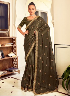 Georgette Border Contemporary Style Saree in Green