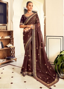 Georgette Brown Embroidered Classic Saree