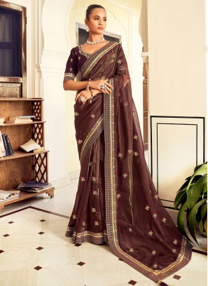 Georgette Brown Embroidered Classic Saree