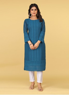 Georgette Chicken Casual Kurti in Teal