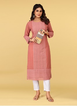 Georgette Chicken Designer Kurti in Orange