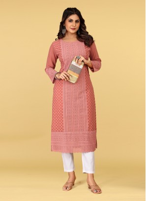 Georgette Chicken Designer Kurti in Orange