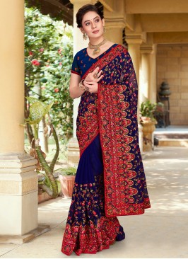 Georgette Contemporary Style Saree in Navy Blue