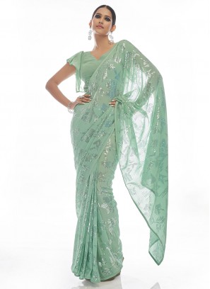 Georgette Contemporary Style Saree in Sea Green