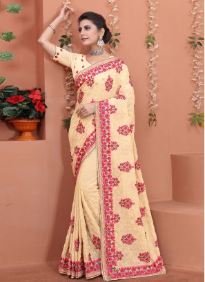 Georgette Cream Embroidered Trendy Saree