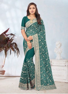 Georgette Diamond Teal Contemporary Saree