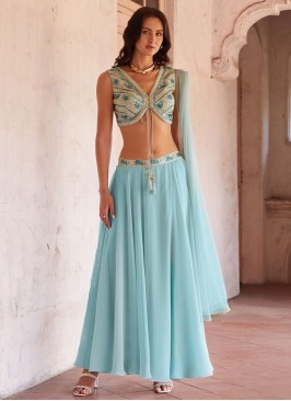 Georgette Embroidered Aqua Blue Readymade Lehenga 