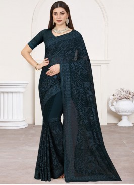 Georgette Embroidered Blue Designer Saree