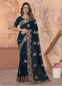 Georgette Embroidered Classic Saree in Teal