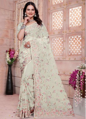 Georgette Embroidered Contemporary Saree in Off White