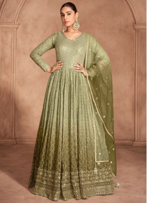 Georgette Embroidered Designer Gown in Green
