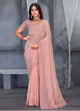 Georgette Embroidered Designer Saree in Peach