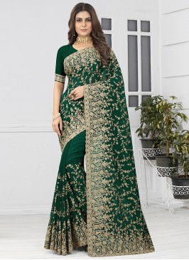 Georgette Embroidered Green Contemporary Saree