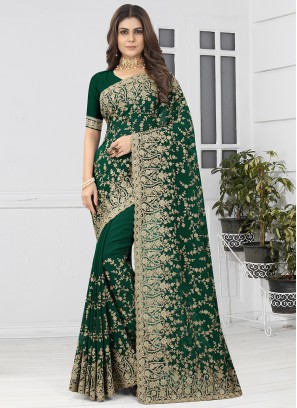 Georgette Embroidered Green Contemporary Saree