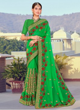 Georgette Embroidered Green Saree