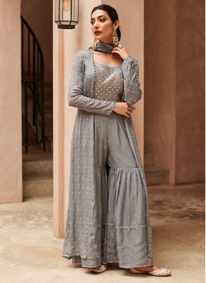 Georgette Embroidered Grey Palazzo Salwar Kameez