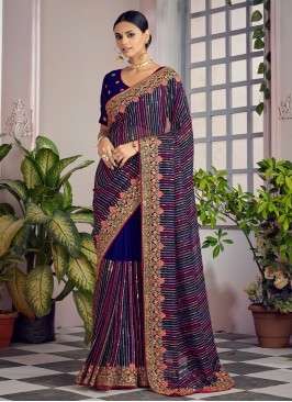 Georgette Embroidered Navy Blue Classic Saree