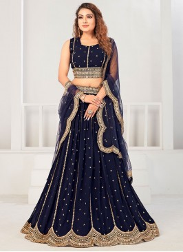 Georgette Embroidered Navy Blue Lehenga Choli