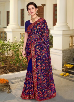Georgette Embroidered Navy Blue Trendy Saree