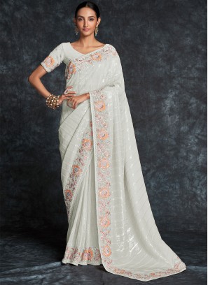 Georgette Embroidered Off White Contemporary Saree