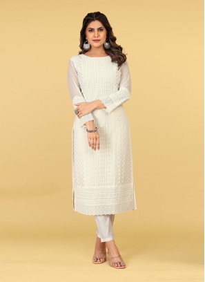 Georgette Embroidered Off White Party Wear Kurti