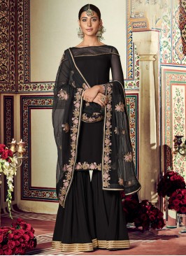 Georgette Embroidered Palazzo Salwar Kameez in Black