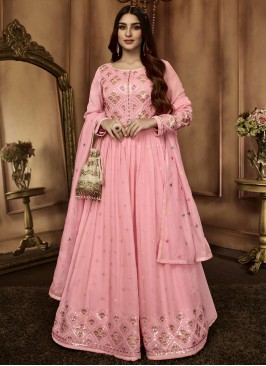 Georgette Embroidered Pink Readymade Salwar Kameez