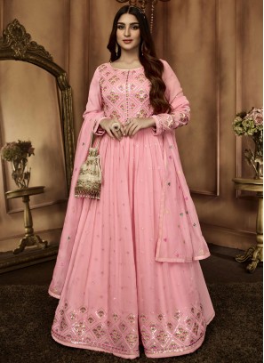 Georgette Embroidered Pink Readymade Salwar Kameez