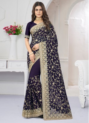 Georgette Embroidered Purple Classic Designer Saree