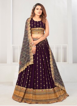 Georgette Embroidered Purple Long Choli Lehenga