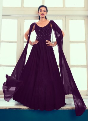 Georgette Embroidered Purple Trendy Gown