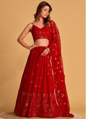 Georgette Embroidered Red A Line Lehenga Choli