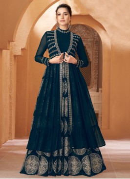 Georgette Embroidered Teal Trendy Gown
