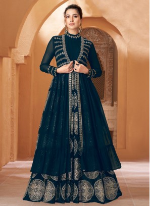 Georgette Embroidered Teal Trendy Gown