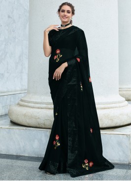 Georgette Embroidered Traditional Saree in Black