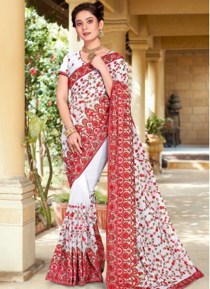 Georgette Embroidered Traditional Saree in White