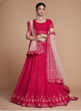 Georgette Embroidered Trendy Lehenga Choli in Red