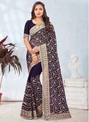 Georgette Embroidered Trendy Saree in Purple