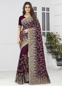 Georgette Embroidered Wine Saree