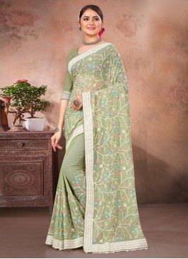 Georgette Green Embroidered Contemporary Saree