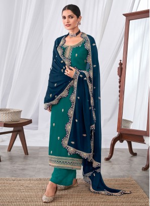 Georgette Green Embroidered Straight Salwar Suit