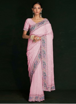 Georgette Lucknowi work Contemporary Saree in Pink