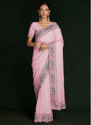 Georgette Lucknowi work Contemporary Saree in Pink