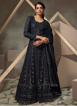 Georgette Lucknowi work Designer Gown in Blue