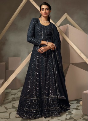 Georgette Lucknowi work Designer Gown in Blue