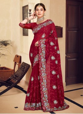 Georgette Maroon Embroidered Traditional Saree