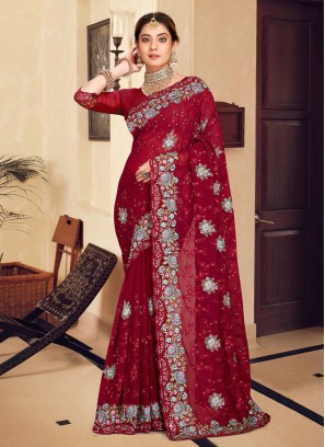 Georgette Maroon Embroidered Traditional Saree