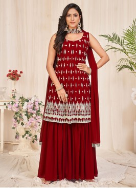 Georgette Maroon Sharara Set