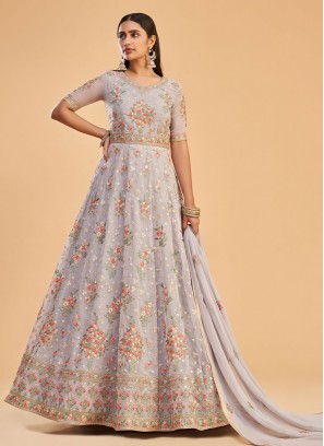 Georgette Mauve  Embroidered Designer Floor Length Salwar Suit