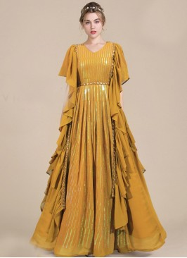 Georgette Mustard Sequins Trendy Gown